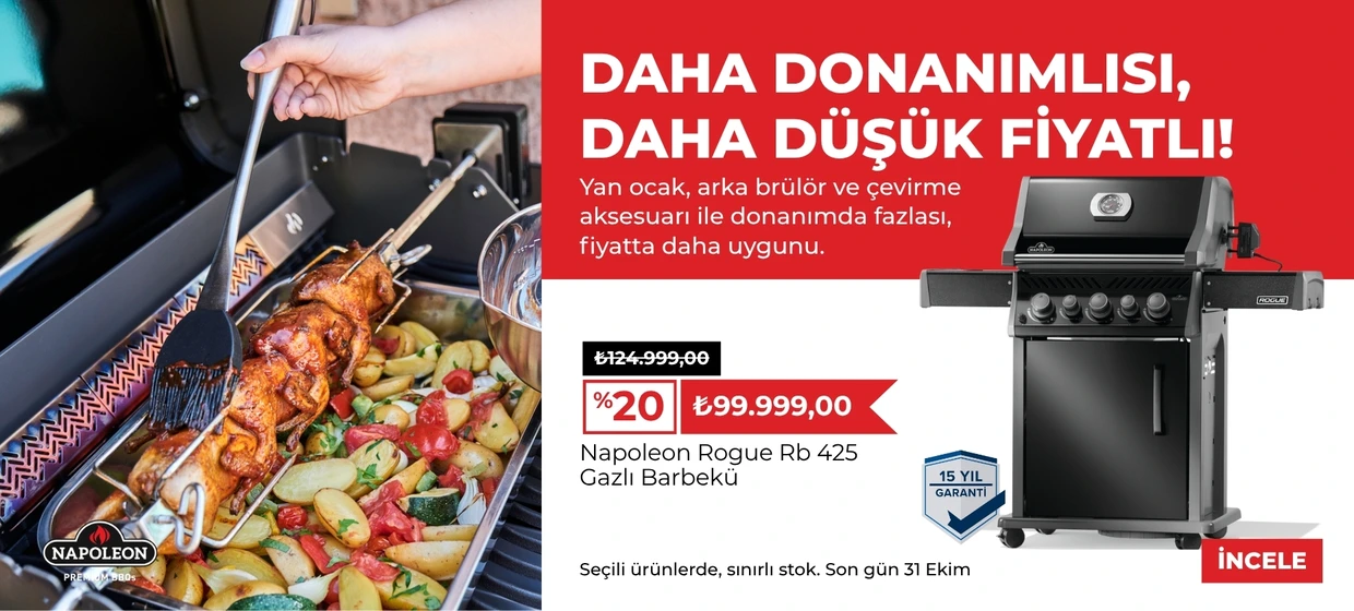 Napoleon Rogue RB 425 gazlı barbekü - yan ocak, arka brülör ve çevirme aksesuarı